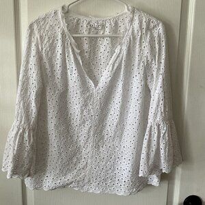 Velvet by Graham and Spencer Saidee White Cotton Eyelet Bell-Sleeve Blouse Small